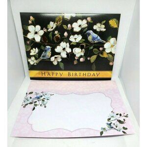New Beginnings Happy Birthday Card – Black with Blue Bird and Floral Design